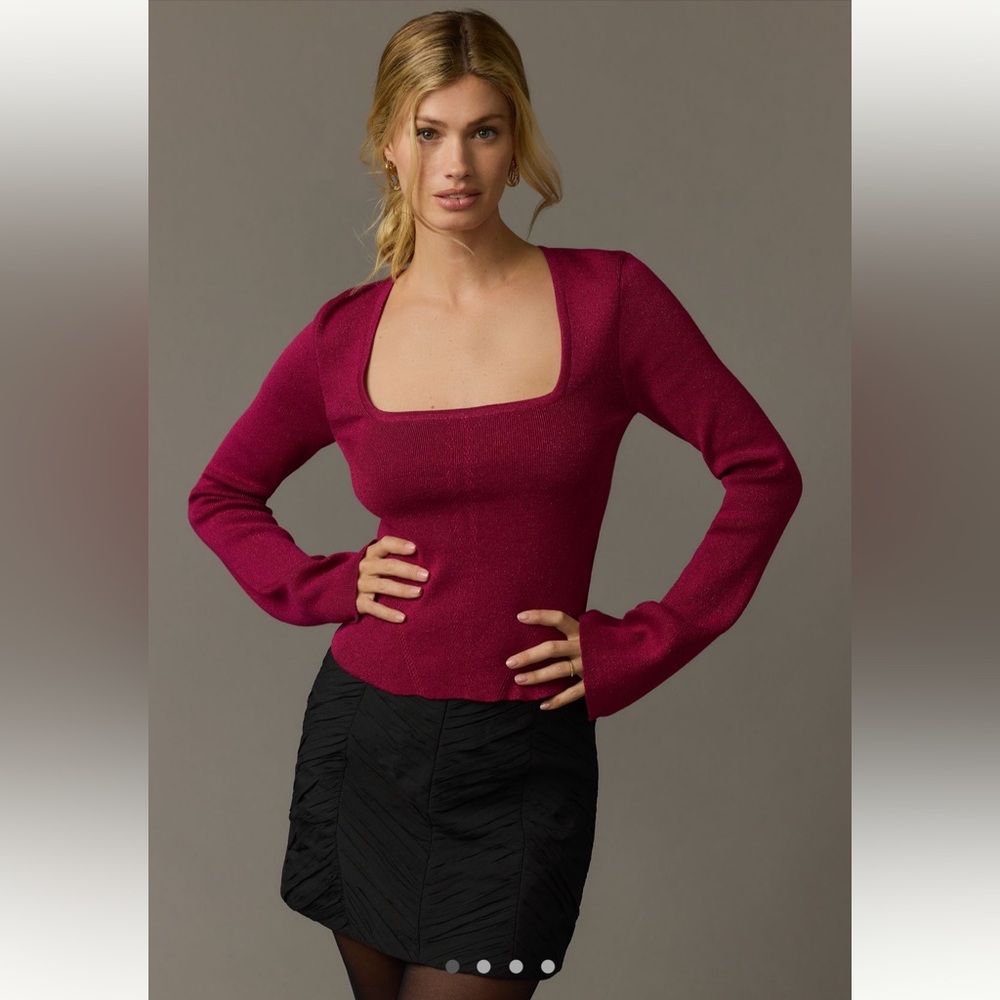 Maeve Deep berry red Top, Maeve Square-Neck Bell-Sleeve Sweater NWT XS